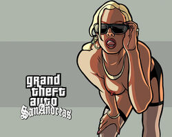 adjusting_eyewear adjusting_glasses bare_shoulders black_lingerie blonde_hair bracelet brown_legwear cleavage earrings grand_theft_auto grand_theft_auto:_san_andreas hand_on_glasses leaning_forward lingerie logo looking_at_viewer necklace open_mouth red_lips rochell’le small_breasts standing stripper sunglasses tinted_eyewear tongue_out topless