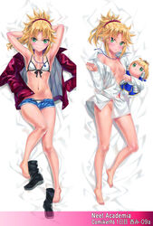 areola_slip areolae armpits arms_behind_head arms_up artoria_pendragon bangs bare_shoulders barefoot bikini blonde_hair blush braid breasts character_doll clavicle closed_mouth collared_shirt cutoffs dakimakura denim denim_shorts dress_shirt fate/apocrypha fate/stay_night fate_(series) feet female female french_braid full_body green_eyes hair_ornament hair_scrunchie high_resolution jacket jewelry legs long_hair long_sleeves looking_at_viewer micro_shorts mordred_(fate) naked_shirt navel necklace open_clothes open_jacket parted_bangs ponytail red_hair_ornament red_jacket red_scrunchie saber scrunchie shirt short_shorts shorts sidelocks small_breasts smile stuffed_toy swimsuit thighs tied_hair tonee white_bikini white_shirt white_swimsuit