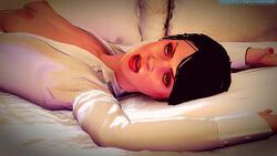 3d black_hair hitman_absolution layla_stockton nipples open_mouth open_shirt red_lips short_hair sideboob small_breasts squinting tongue_out white_eyes