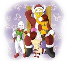 1girls 2020 3boys anthro anthro_on_human asgore_dreemurr asriel_dreemurr big_penis blue_glow brown_hair chara christmas christmas_hat christmas_outfit elf_costume female frisk frottage furry gay goat goat_horns human humanoid_penis incest licking_penis red_eyes santa_claus_(cosplay) santa_costume seraphic_chill sitting_on_lap stockings undertale white_background white_fur yellow_hair young