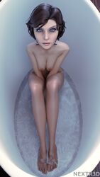 3d areolae barefoot bathtub big_breasts bioshock bioshock_infinite blue_eyes breasts brown_hair busty closed_legs collar elizabeth_comstock female female_focus female_only hands_between_legs hourglass_figure long_legs nextr3d nipples pose posing short_hair sitting sitting_in_bathtub solo tagme watermark wet wide_hips