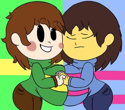 2d 2girls big_breasts blush breast_press breast_squish breast_to_breast breasts brown_hair busty chara clothes clothing docking female female_chara female_frisk female_only frisk gigantic_breasts holding_hands huge_breasts human human_female human_only hyper_breasts large_breasts oppai rosy_cheeks short_hair shorts smile sweater toby_fox undertale undertale_(series) what wide_hips yellow_skin young
