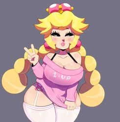 1girls 1up bare_shoulders big_breasts blonde_hair blush bra_strap breasts cleavage crown curvy eyebrows_visible_through_hair eyeliner female female_only grey_eyes half-closed_eyes lingerie lips lipstick long_sleeves looking_to_the_side mario_(series) new_super_mario_bros._u_deluxe nintendo peace_sign peachette pigtails pink_sweater smile solo somescrub stockings super_crown sweater teeth thick thick_thighs thighhighs thighs toadette v wide_hips