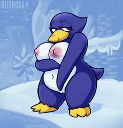 1girls 2019 3_toes anthro anthrofied areola avian beak big_breasts bird bitebox64 blue_eyes blue_feathers blush breasts countershading erect_nipples eyelashes female female_only fur furry furry_only half-closed_eyes holding_breast looking_away mario_(series) milf mother multicolored_feathers narrowed_eyes navel nintendo nipples nude outside parent penguin penguin_(mario) pussy short_tail shortstack slightly_chubby smile snow snowing solo standing super_mario_64 tail thick_thighs toes tuxie's_mother twitter vagina video_games white_feathers wide_hips