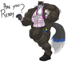 balls belt big_balls bulge business_suit canid canine clothing hair huge_balls hyper hyper_balls hyper_bulge hyper_penis looking_at_viewer male_only mammal multicolored_hair muscular necktie pen penis sachiel_666 simple_background suit text white_background