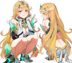 1girls anger_vein ass bangs blonde_hair blush breasts butt_crack chest_jewel chin_rest cleavage closed_mouth elbow_gloves female frown gem gloves headpiece highres hikari_(xenoblade_2) jewelry large_breasts long_hair multiple_views mythra nintendo ormille simple_background squatting swept_bangs thighs tiara white_background xenoblade_(series) xenoblade_chronicles_2 yellow_eyes