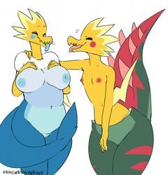 2girls anthro anthrofied arctozolt barely_visible_genitalia barely_visible_pussy breasts chubby closed_eyes dracozolt dragon duo female flat_chest large_breasts larger_female multiple_girls navel nintendo nipples pokémon_(species) pokemon pokemon_ss pussy rainbowsprinklesart size_difference small_breasts smaller_female text thick_thighs tongue tongue_out video_games watermark wide_hips