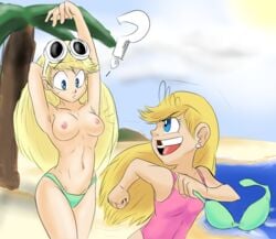 ? armpits arms_up beach bikini blonde_hair blue_eyes breasts female female_only leni_loud lola_loud long_hair nipples outdoors straight_hair swimsuit the_loud_house water