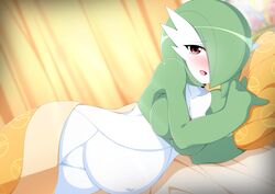 1girls 2019 3_fingers anthro anthrofied bed bedroom big_belly breasts cute eye_contact female gardevoir hair_over_one_eye half-closed_eyes iryanic looking_at_viewer nintendo on_side pokemon pokemon_(species) pokemon_rse pregnant pussy ready_to_pop short_hair source_request text thick_thighs watermark wide_hips