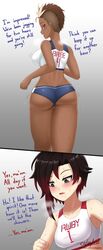 2girls alternate_version_available cslucaris dark-skinned_female dat_ass english_text female gym_uniform harriet_bree imminent_sex imminent_yuri ruby_rose rwby text yuri