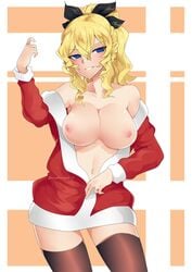 1girls big_breasts blonde_hair blue_eyes breasts breasts_out christmas exposed_breasts female katawa_shoujo kuroe_prime kuroeart looking_at_viewer satou_lilly smiling solo thighhighs