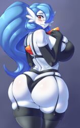 1girls 4_fingers alternate_color alternate_hairstyle anthro anthrofied big_ass black_gloves black_panties black_thighhighs blue_hair blue_skin blush dotil elbow_gloves eye_contact female female_only gardevoir garter_belt gigantic_breasts glasses gloves grin hair_over_one_eye half-closed_eyes huge_ass huge_breasts large_ass lingerie long_hair looking_at_viewer looking_back orange_eyes original_character panties pokémon_(species) pokemon pokemon_(species) pokemon_rse ponytail purple_background red_eyes shiny_pokemon skindentation smile solo solo_female source_request text thick_thighs thighhighs voluptuous watermark white_skin wide_hips