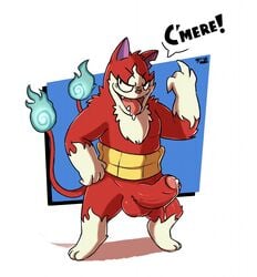 2_tails anthro balls bodily_fluids english_text erection fur genital_fluids genitals jibanyan jibanyan_(shadowside) level-5 male male_only multi_tail penis precum raburigaron red_body red_fur simple_background solo text video_games white_background yo-kai_watch yo-kai_watch_shadowside youkai youkai_watch youkai_watch_shadowside yōkai