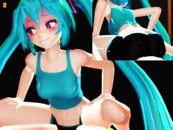 3d ahe_gao animated bike_shorts blue_eyes blue_hair bouncing_breasts dobe female_focus gym_uniform hatsune_miku heart heart-shaped_pupils reverse_cowgirl_position riding tagme tank_top tongue tongue_out vocaloid video