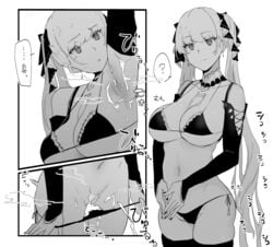 1girls ? arm_up armpit_sex armpits azur_lane bangs bikini breasts cleavage comic cum cum_on_body cum_on_upper_body earrings eyebrows_visible_through_hair female formidable_(azur_lane) frills greyscale groin hair_ribbon highres jewelry kagto_(alterna) long_hair looking_at_viewer micro_bikini monochrome nail_polish navel pussy ribbon spoken_question_mark swimsuit thighhighs twintails