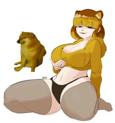 1girls alternate_species big_ass big_breasts breasts cheems cleavage clothed dog dog_ears hand_on_breast humanized large_breasts meme nezulet panties r/dogelore rule_63 self_fondle stockings thick_thighs