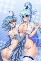 2girls aqua_(konosuba) ass big_breasts blue_hair crossover digital_media_(artwork) female female_only goddess harpy interspecies kono_subarashii_sekai_ni_shukufuku_wo! larger_female lindaroze monster_girl monster_musume_no_iru_nichijou papi_(monster_musume) smaller_female thick_thighs thong wide_hips wings yuri