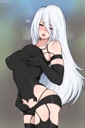 1girls 2d afrobull artist_name big_breasts blush breasts cleavage elbow_gloves female female_only gloves large_breasts light-skinned_female light_skin masturbation nier nier:_automata open_mouth pale-skinned_female pale_skin solo thighhighs watermark yorha_a2