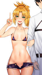 1boy 1boy1girl 1girls areola_slip areolae bangs bare_shoulders bikini black_hair blonde_hair blue_bikini_top blush boobs breasts censor_bar censored chaldea_uniform clavicle cutoffs denim denim_shorts fate/apocrypha fate/grand_order fate_(series) female fujimaru_ritsuka_(male) green_eyes groin hair_ornament hair_scrunchie hand_gesture high_resolution hip_focus hips long_hair looking_at_viewer lowleg lowleg_pants male micro_bikini mordred_(fate) mutsu_ane_daisuki nail_polish navel nopan open_fly open_mouth pants parted_bangs partially_visible_vulva ponytail red_hair_ornament red_scrunchie scrunchie short_shorts shorts sidelocks simple_background small_breasts smile solo_focus standing swimsuit thighs tied_hair unzipped v white_background