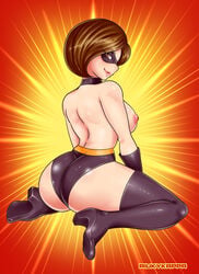 1girls armwear ass back_turned big_breasts big_butt boots breasts brown_hair bubble_butt butt clothing disney domino_mask elastigirl eyewear female footwear gloves handwear helen_parr heroine large_ass large_breasts legwear looking_at_viewer mask masked milf neckwear nipples pixar presenting presenting_hindquarters riukykappa sideboob smooth_skin superheroine the_incredibles thick_ass thick_legs thick_thighs thighhigh_boots tight_clothing topless voluptuous