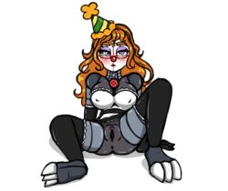 animatronic anus big_breasts clown ennard_(fnafsl) five_nights_at_freddy's glasses maid_uniform orange_hair party_hat pussy robot solo