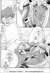 big_breasts black_and_white black_magician_girl blush censor_bar clothed_sex dark-skinned_female dark_magician_girl erection female grabbing_penis interracial joey_wheeler jounouchi_katsuya kenix light-skinned_male lying_on_back manga monochrome nyu-gi-oh open_legs shocked speech_bubble straight yu-gi-oh!