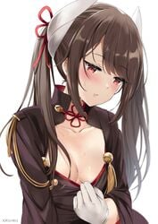 1girls azur_lane blush boobs brown_hair clothed eyebrows_visible_through_hair female_only flashing flashing_breasts flat_chest flat_chested gloves hair haruna_(azur_lane) kaetzchen light-skinned_female light_skin red_eyes red_ribbon ribbon sakura_empire_(azur_lane) showing_breasts sweat sweatdrop tits uncomfortable white_gloves