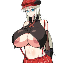 1girls alisa_ilinichina_amiella areolae belly blue_eyes breasts cleavage clothed clothing female female_only god_eater hat huge_breasts large_areolae long_hair looking_at_viewer nipple_bulge nipple_slip nipples rad_racer simple_background solo white_background white_hair