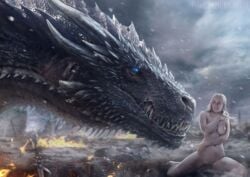 1girl 1girls 2d 2d_(artwork) a_song_of_ice_and_fire areolae barefoot big_breasts blonde_hair blue_eyes breasts casual celebrity completely_naked completely_naked_female completely_nude completely_nude_female daenerys_targaryen dragon emilia_clarke feet female game_of_thrones highres human imminent_vore long_hair naked ninjartist nipples nude pale_skin photorealism photorealistic pussy real_person realistic tears white_hair