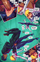 ass ass_grab blonde_hair comic contortion dark-skinned_male dark_skin female flexible fred_perry gwen_stacy gwen_stacy_(spider-verse) interracial male marvel marvel_comics mask masked masked_female miles_morales penis power_sex pussy sex speech_bubble spider-gwen spider-man_(series) spread_legs straight tagme text vaginal_penetration