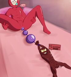 anal anal_beads anal_vore bed bed_sheet bedroom blue_tongue bulge countryhumans erection feet gay hammer_and_sickle muscular nazi nazi_germany_(countryhumans) pink_pillow red_skin sharp_teeth size_difference soviet soviet_union_(countryhumans) swastika thigh_grab tied_hair tongue_out