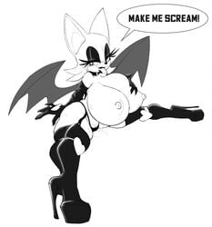 anthro armwear big_breasts bodily_fluids boots breasts chiropteran clothing elbow_gloves female footwear genital_fluids gloves handwear high_heels huge_breasts legwear mammal nipples pussy_juice ravrous rouge_the_bat shoes solo sonic_(series) sonic_the_hedgehog_(series) sweat thigh_boots thigh_highs