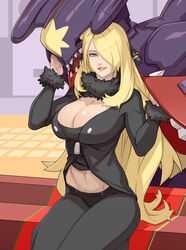 1girls abs alternate_breast_size ambiguous_gender big_breasts blonde blonde_female blonde_hair blonde_hair_female breasts cleavage cynthia_(pokemon) dragon female feral garchomp hair_over_one_eye ictiwinter large_breasts looking_at_viewer materclaws midriff nintendo pokemon pokemon_(species) pokemon_champion pokemon_dppt size_difference smaller_female solo_focus