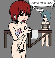 abs aratherflykindaguy breasts bucket embarrassed fire_emblem fire_emblem_fates fire_emblem_heroes hinoka_(fire_emblem) naked red_hair setsuna_(fire_emblem) shower showering soap squish teal_hair