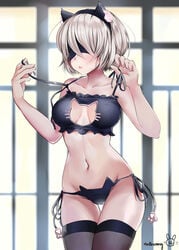 1girls blush breasts cameltoe cat_ears cat_lingerie cleavage cleavage_cutout female madbunny navel nier:_automata solo thighhighs yorha_2b