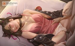 1boy 1girls alternate_breast_size cleavage clothed_female_nude_male dark-skinned_male female hoobamon human larger_male looking_at_viewer male marnie_(pokemon) nintendo outerwear panties_aside patreon penis pokemon pokemon_ss pussy realistic sex size_difference smaller_female solo_focus spread_legs text uncensored url vaginal_penetration watermark