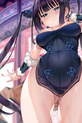 arms_at_sides ass_visible_through_thighs bangs bare_shoulders bare_thighs black_dress blue_eyes blunt_bangs blurry blurry_background blush breasts breasts_apart china_dress chinese_clothes cleavage closed_mouth collarbone commentary covered_navel cowboy_shot depth_of_field detached_sleeves double_bun dress eyebrows_visible_through_hair fate/grand_order fate_(series) female fingernails hair_ornament hand_up highres leaf_hair_ornament long_hair looking_at_viewer medium_breasts nail_polish pink_nails purple_hair pussy_juice short_dress sidelocks smile solo standing tem10 thighs twintails very_long_hair yang_guifei_(fate/grand_order)