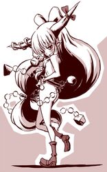 blush boots drunk eyeball eyebrows_visible_through_hair female gourd horns long_ponytail monochrome pointy_ears solo sonson_(eleven) suika_ibuki touhou