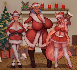 3girls big_breasts breasts christmas cleavage crona female female_only huge_breasts large_breasts looking_at_viewer thighhighs