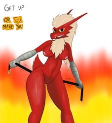 1girls anthro avian belt blaziken breasts female fire hi_res looking_at_viewer nintendo pokemon pokemon_(species) pokemon_rse pokemorph pussy rorrek simple_background solo text thick_thighs video_games wide_hips