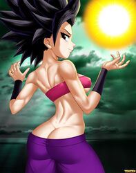 1girls artist_name ass ass_cleavage back_muscles back_view big_ass black_eyes black_hair breasts butt_crack caulifla clothed clouds dat_ass dimples_of_venus dragon_ball dragon_ball_super energy_ball eyelashes female female_only highres large_breasts long_hair looking_back medium_breasts muscles muscular_female outdoors saiyan sideboob skimpy skindentation smile solo spiky_hair standing tenzen triceps tube_top vambraces