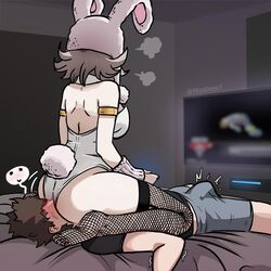 1boy 1girls alternate_version_available angry ass ass_worship assertive bare_back bare_shoulders blush breasts brown_hair bulge bunny_ears bunny_girl bunny_tail bunnysuit butt_sniffing clothed_facesitting danganronpa danganronpa_2:_goodbye_despair danganronpa_3 distracted duo electronics erection_under_clothes erection_under_clothing facesitting feet female femdom fishnet_legwear fishnet_stockings fishnet_thighhighs fishnets forced forced_oral forced_rimming forced_to_sniffing heavy_blush human legs leotard male malesub mosbles nanami_chiaki on_bed secretly_loves_it sitting skindentation straight straight_hair thick_thighs trembling wide_hips