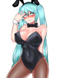 alternate_costume aqua_eyes aqua_hair big_breasts blue_hair blush bunny_ears bunnysuit edit embarrassed erect_nipples fly league_of_legends long_hair long_twintails navel nipples plain_background poking_out riot_games sad sona_buvelle standing twintails white_background