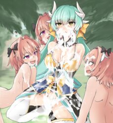 1boy 1girls astolfo_(fate) clothed_female_nude_male excessive_cum fate/apocrypha fate/grand_order fate_(series) fellatio female femboy femboy_on_female femboydom femsub kiyohime_(fate/grand_order) kiyohime_(swimsuit_lancer)_(fate) male male/female maledom multiple_boys open_mouth straight straight_trap