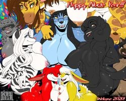 2019 anthro arm_tuft ass bent_over big_breasts black_body black_fur black_hair boob_hat breast_size_difference breast_squish breasts breasts_frottage brown_eyes brown_hair canid canine canis chrystler closed_eyes confetti convenient_censorship domestic_cat elbow_tufts eyewear felid feline felis female female/female fur giraffe giraffid glasses green_eyes group hair hand_on_hip holidays hybrid inner_ear_fluff lagomorph leporid long_hair looking_at_viewer looking_back lynx mammal max_blackrabbit mephitid multicolored_body multicolored_fur muscular muscular_female new_year nipples_touching nude open_mouth open_smile pantherine pussy pussy_noir rabbit raven_hunt red_eyes short_hair siam siamese size_difference skunk smile spots squish striped_body striped_fur stripes sunglasses tiger tina_lynx tuft two_tone_body two_tone_fur wolf yellow_eyes yuri zig_zag