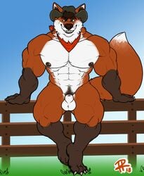 2018 4_toes abs animal_genitalia anthro balls biceps big_muscles black_hair black_nipples black_nose build-a-wuff canid canine claws clothing cowboy cowboy_hat eyebrows fox fur green_eyes grin hair hat hat_only headgear headwear huge_muscles looking_at_viewer male male_only mammal mostly_nude multicolored_body multicolored_fur muscular muscular_male neckerchief nipples pecs quads red_body red_fur sheath sitting smile solo solo_male thick_eyebrows toes triceps two_tone_body two_tone_fur white_body white_fur