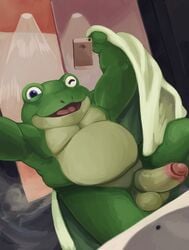 2019 alternate_version_at_source amphibian anthro arms_above_head balls cellphone clothing erection frog front_view green_body humanoid_penis looking_at_viewer male male_only nintendo one_eye_closed open_mouth overweight penis phone selfie shower sink slippy_toad smartphone solo solo_male spectral-bat star_fox video_games