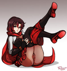 1girls 2019 black_hair eyebrows_visible_through_hair eyelashes female female_only fingerless_gloves looking_at_viewer minacream pussy red_hair ruby_rose rwby short_hair thick_thighs vagina wide_hips