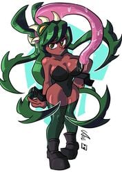 1girls black_shoes bracelets breasts brown_skin bunny_ears bunny_girl crusaderjoe drool drooling female female_only fukua_(skullgirls) green_eyes green_hair hand_on_hip licking non-nude parasite pink_tongue saliva shamone_(skullgirls) shoes skullgirls solo standing teeth thighhighs thighs tongue tongue_out yellow_eyes