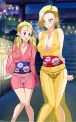 2girls adult android_18 artemisumi big_breasts black_panties blonde_hair blue_eyes blush breasts busty cleavage clothing curvy daughter dragon_ball dragon_ball_gt erect_nipples female female_only kimono large_breasts marron medium_breasts mother mother_and_daughter multiple_girls nipples panties see-through see-through_clothing see-through_kimono teenager transparent_clothing twintails voluptuous whentai white_panties